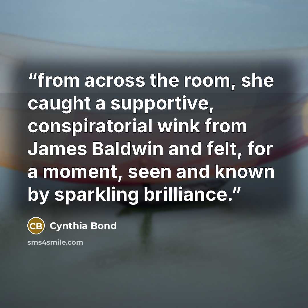 “from across the room, she caught a supportive, conspiratorial wink from James Baldwin and felt, for a moment, seen and known by sparkling brilliance.” quote by Cynthia Bond