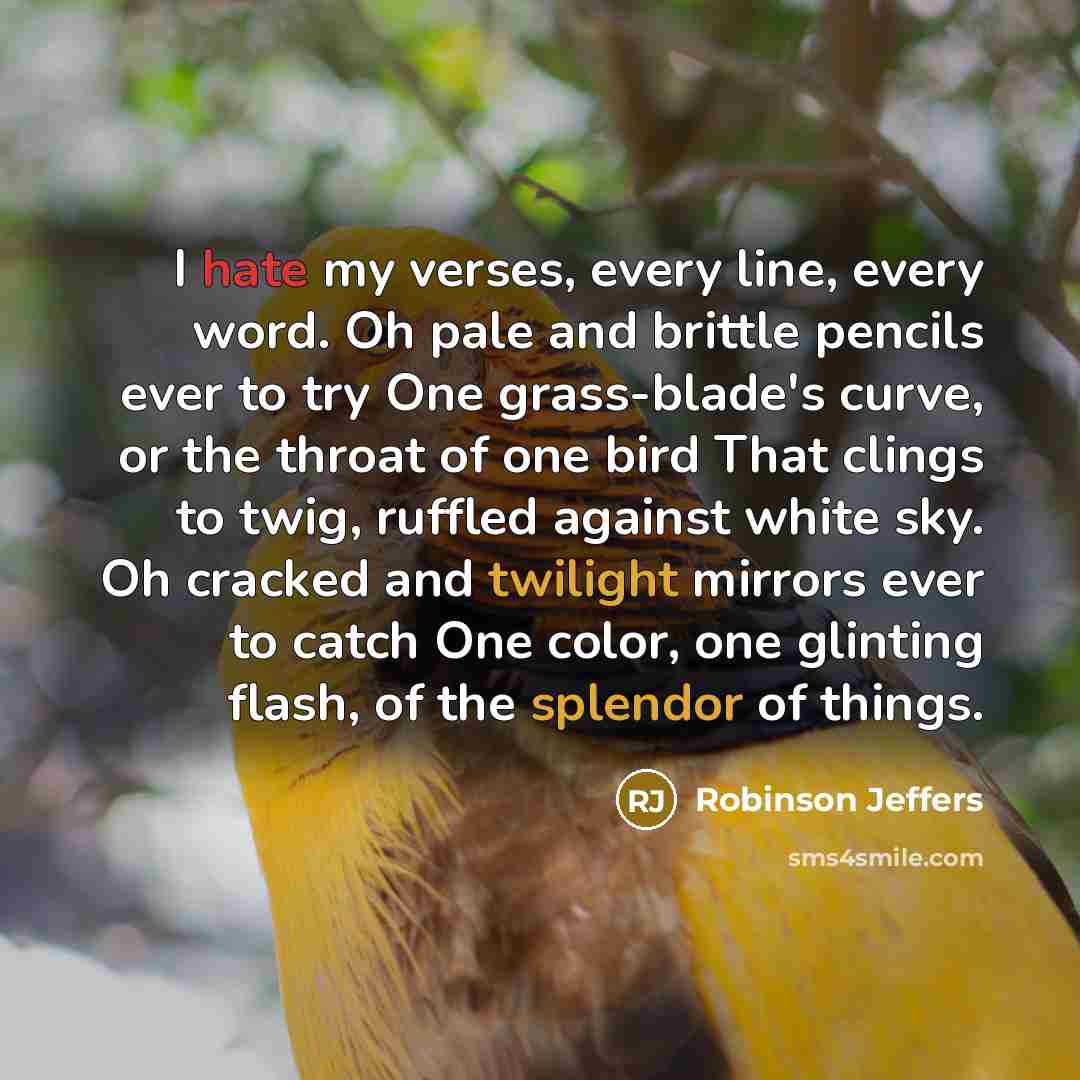 “I hate my verses, every line, every word. Oh pale and brittle pencils ever to try One grass-blade's curve, or the throat of one bird That clings to twig, ruffled against white sky. Oh cracked and twilight mirrors ever to catch One color, one glinting flash, of the splendor of things.” quote by Robinson Jeffers