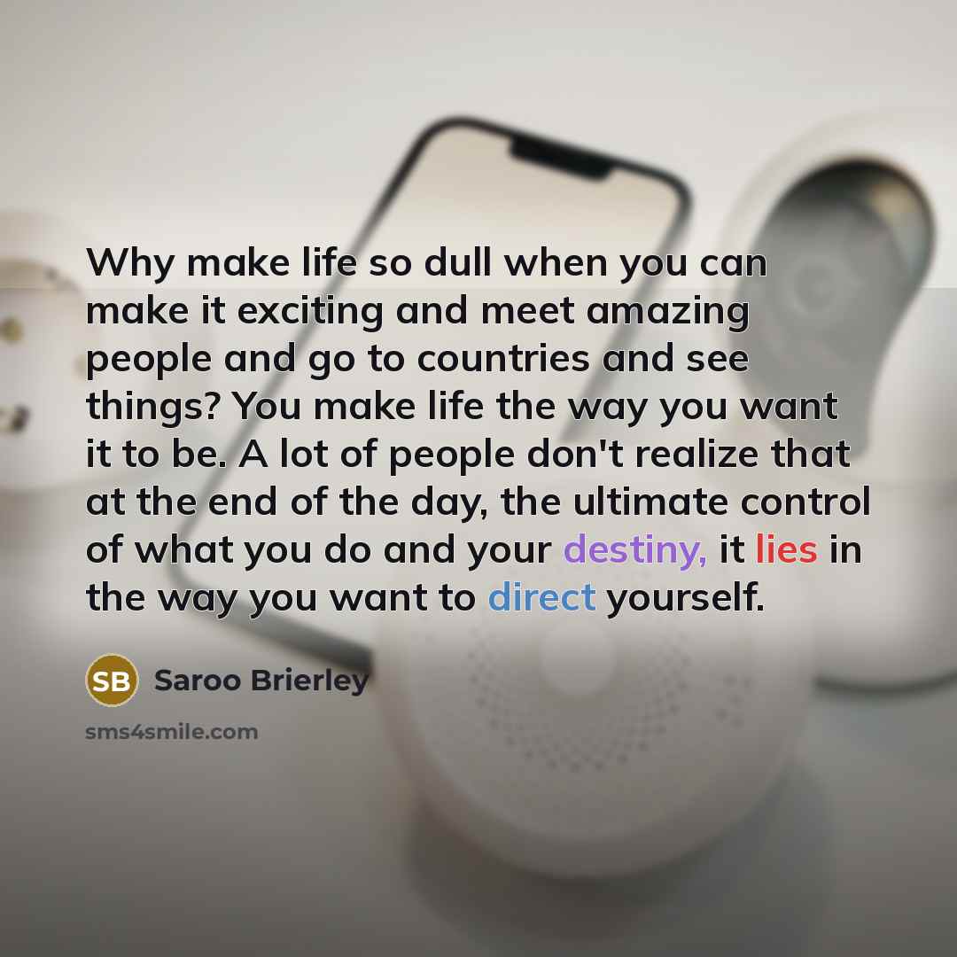 “Why make life so dull when you can make it exciting and meet amazing people and go to countries and see things? You make life the way you want it to be. A lot of people don't realize that at the end of the day, the ultimate control of what you do and your destiny, it lies in the way you want to…” quote by Saroo Brierley