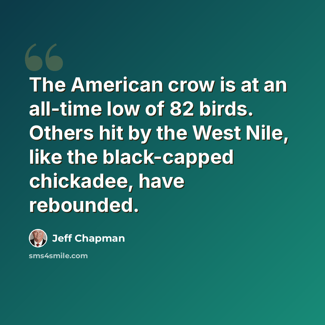 “The American crow is at an all-time low of 82 birds. Others hit by the West Nile, like the black-capped chickadee, have rebounded.” quote by Jeff Chapman