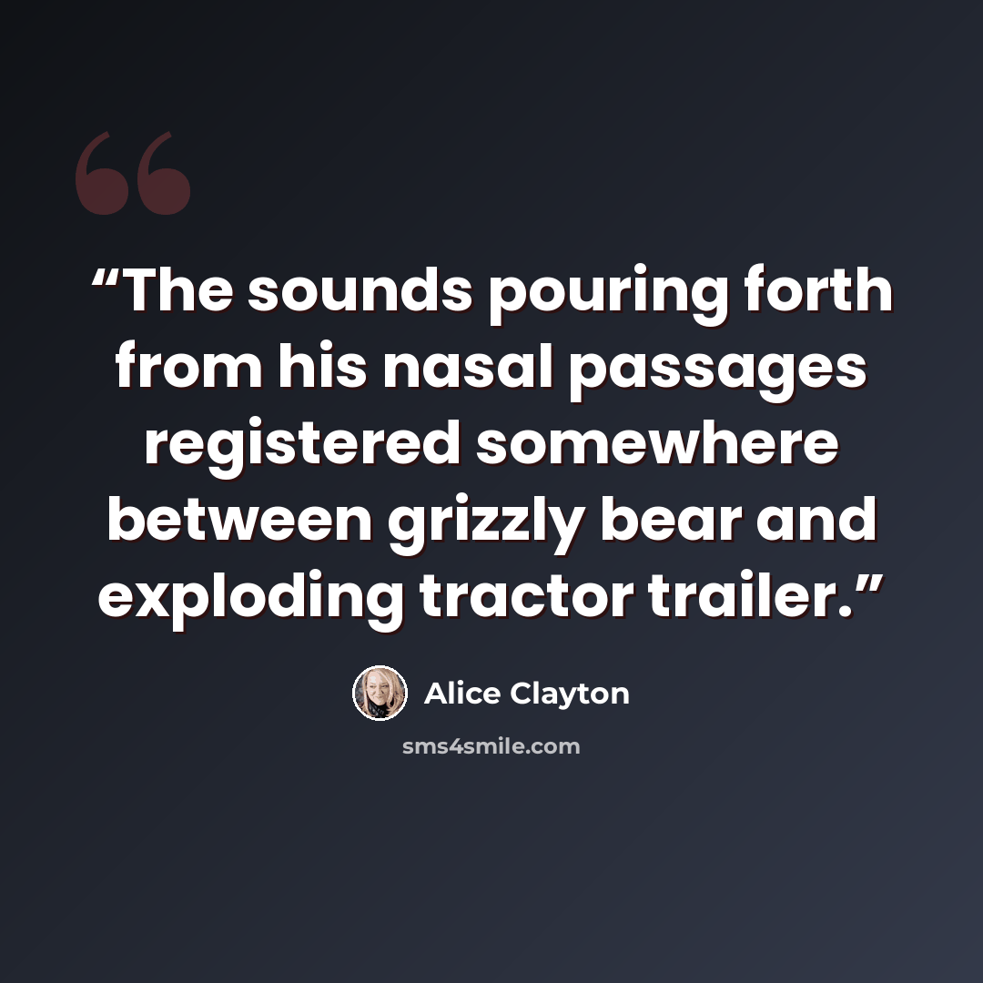 “The sounds pouring forth from his nasal passages registered somewhere between grizzly bear and exploding tractor trailer.” quote by Alice Clayton