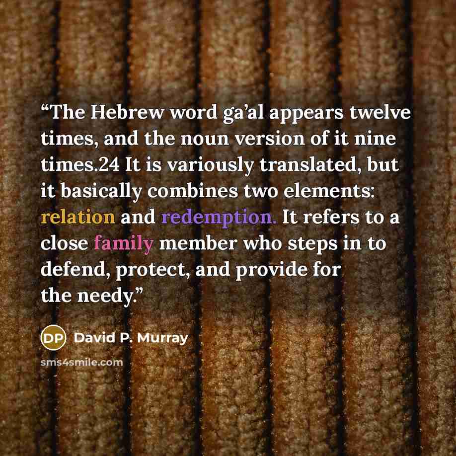 “The Hebrew word ga’al appears twelve times, and the noun version of it nine times.24 It is variously translated, but it basically combines two elements: relation and redemption. It refers to a close family member who steps in to defend, protect, and provide for the needy.” quote by David P. Murray