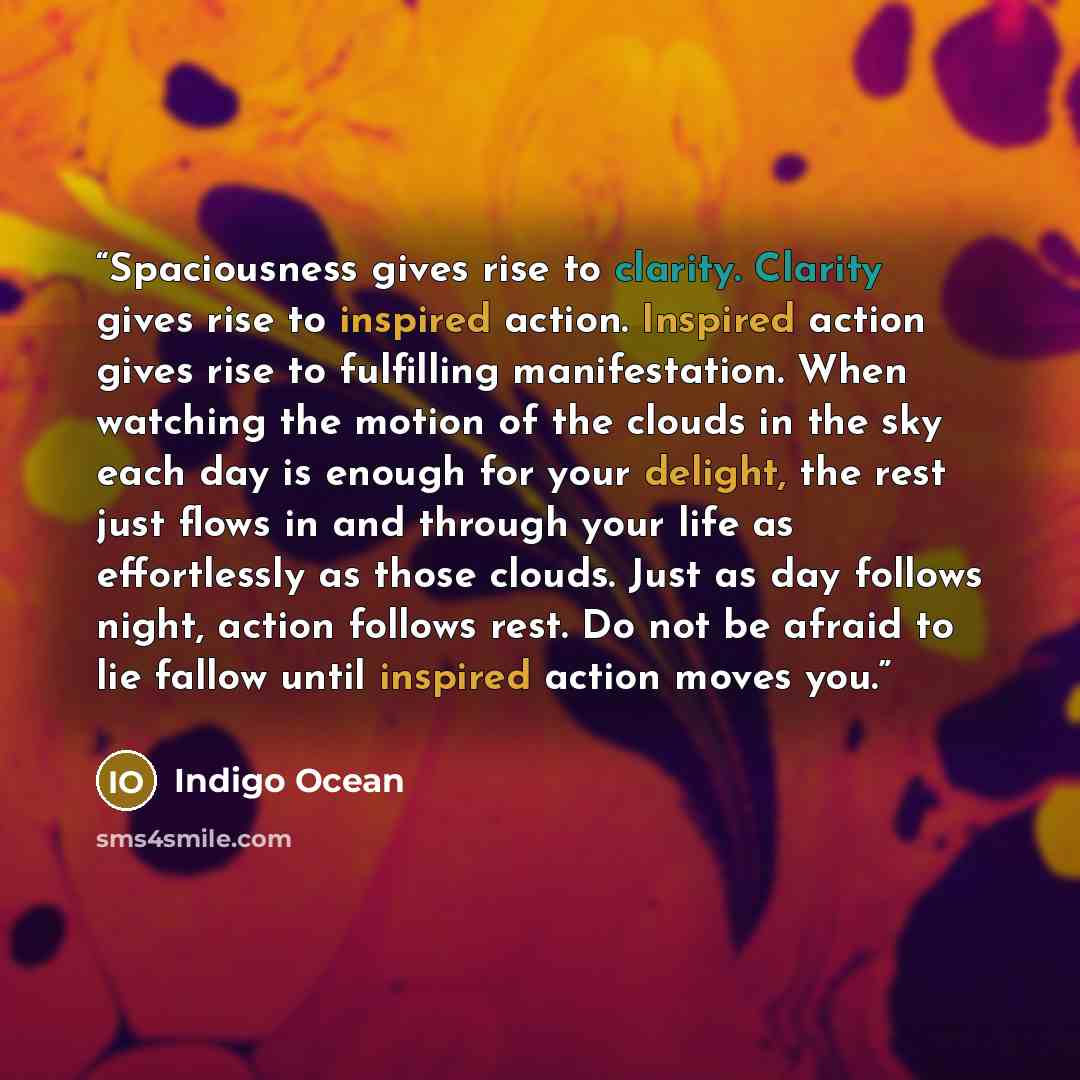 “Spaciousness gives rise to clarity. Clarity gives rise to inspired action. Inspired action gives rise to fulfilling manifestation. When watching the motion of the clouds in the sky each day is enough for your delight, the rest just flows in and through your life as effortlessly as those clouds…” quote by Indigo Ocean