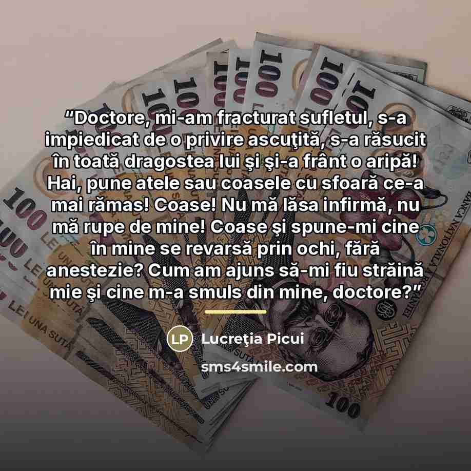 “Doctore, mi-am fracturat sufletul, s-a impiedicat de o privire ascuţită, s-a răsucit în toată dragostea lui şi şi-a frânt o aripă! Hai, pune atele sau coasele cu sfoară ce-a mai rămas! Coase! Nu mă lăsa infirmă, nu mă rupe de mine! Coase şi spune-mi cine în mine se revarsă prin ochi, fără…” quote by Lucreţia Picui