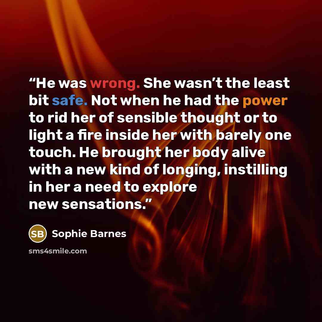 “He was wrong. She wasn’t the least bit safe. Not when he had the power to rid her of sensible thought or to light a fire inside her with barely one touch. He brought her body alive with a new kind of longing, instilling in her a need to explore new sensations.” quote by Sophie Barnes