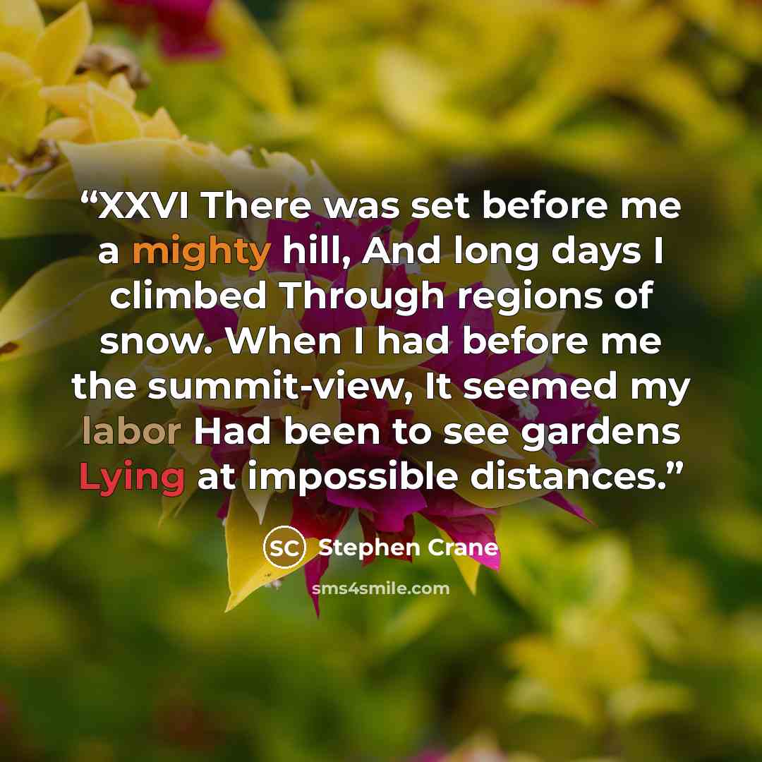 “XXVI There was set before me a mighty hill, And long days I climbed Through regions of snow. When I had before me the summit-view, It seemed my labor Had been to see gardens Lying at impossible distances.” quote by Stephen Crane