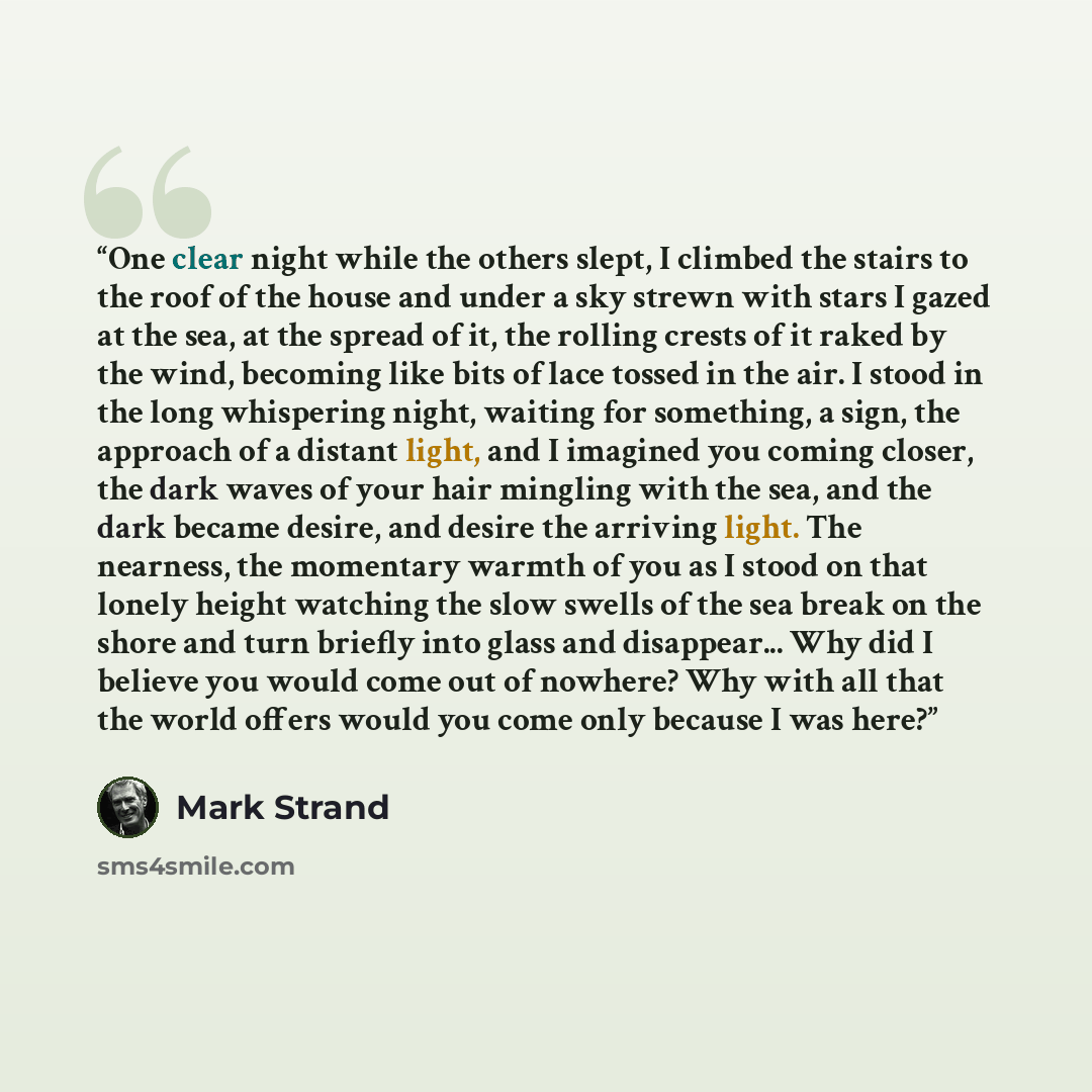 “One clear night while the others slept, I climbed the stairs to the roof of the house and under a sky strewn with stars I gazed at the sea, at the spread of it, the rolling crests of it raked by the wind, becoming like bits of lace tossed in the air. I stood in the long whispering night, waiting…” quote by Mark Strand