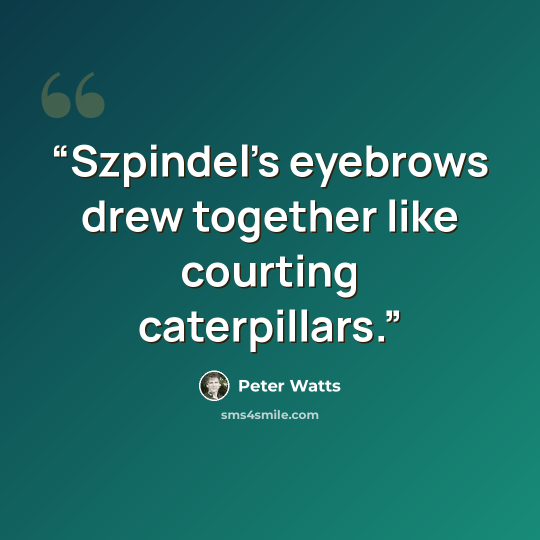 “Szpindel’s eyebrows drew together like courting caterpillars.” quote by Peter Watts