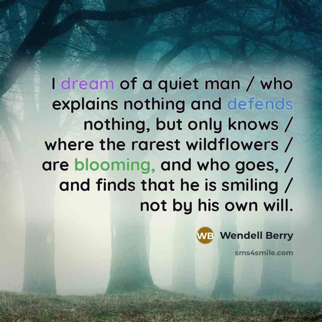 “I dream of a quiet man / who explains nothing and defends nothing, but only knows / where the rarest wildflowers / are blooming, and who goes, / and finds that he is smiling / not by his own will.” quote by Wendell Berry