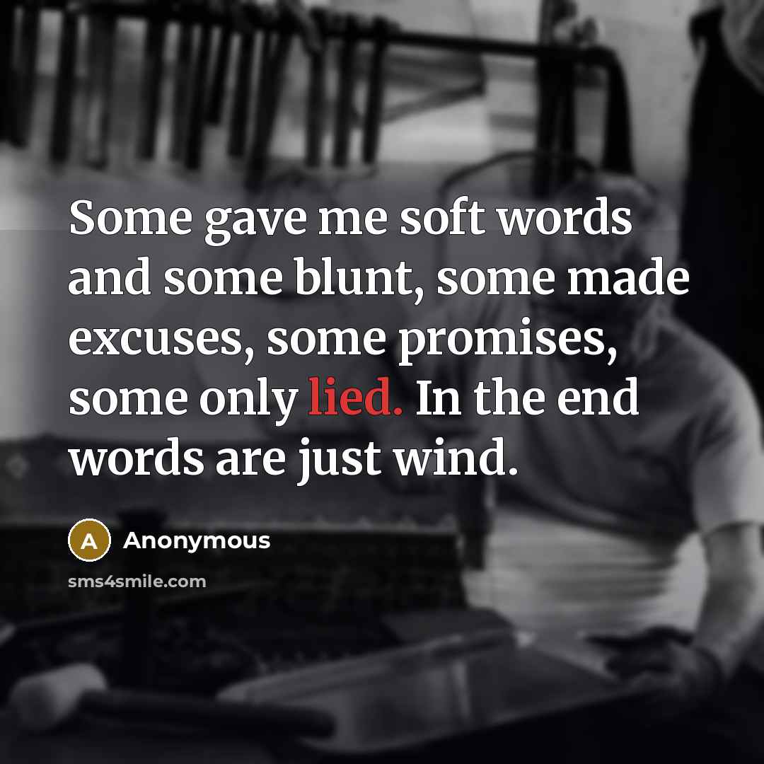 “Some gave me soft words and some blunt, some made excuses, some promises, some only lied. In the end words are just wind.” quote by Anonymous