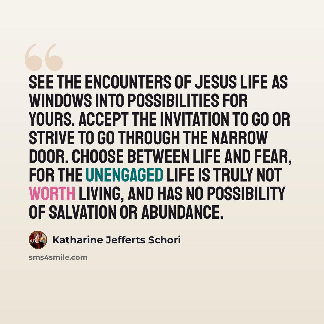 “See the encounters of Jesus life as windows into possibilities for yours. Accept the invitation to go or strive to go through the narrow door. Choose between life and fear, for the unengaged life is truly not worth living, and has no possibility of salvation or abundance.” quote by Katharine Jefferts Schori