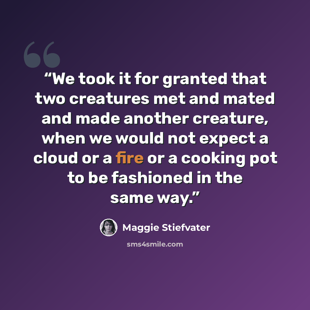 “We took it for granted that two creatures met and mated and made another creature, when we would not expect a cloud or a fire or a cooking pot to be fashioned in the same way.” quote by Maggie Stiefvater