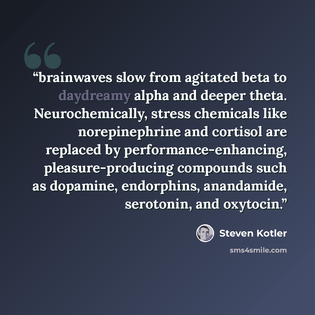 “brainwaves slow from agitated beta to daydreamy alpha and deeper theta. Neurochemically, stress chemicals like norepinephrine and cortisol are replaced by performance-enhancing, pleasure-producing compounds such as dopamine, endorphins, anandamide, serotonin, and oxytocin.” quote by Steven Kotler
