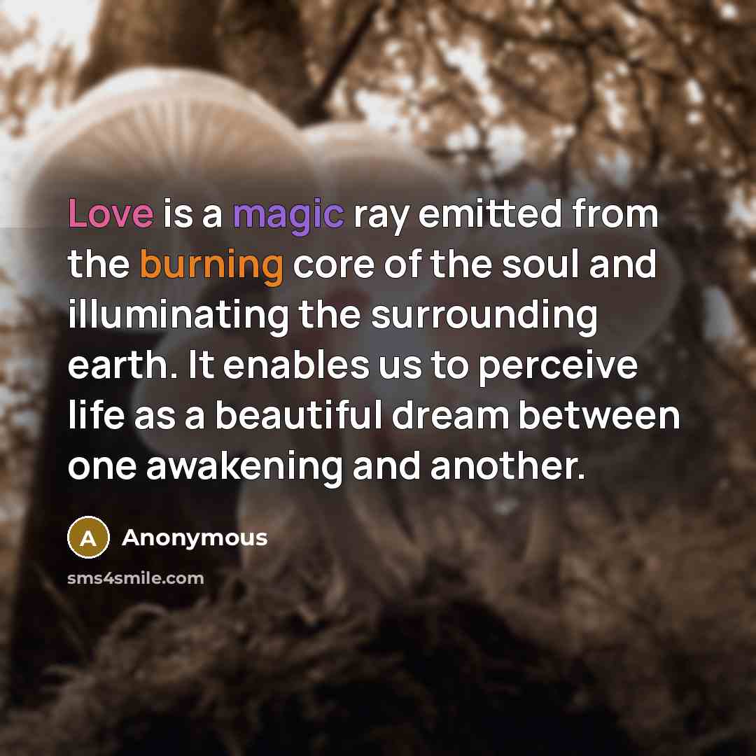 “Love is a magic ray emitted from the burning core of the soul and illuminating the surrounding earth. It enables us to perceive life as a beautiful dream between one awakening and another.” quote by Anonymous
