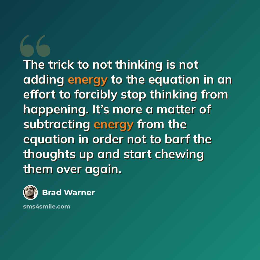 “The trick to not thinking is not adding energy to the equation in an effort to forcibly stop thinking from happening. It’s more a matter of subtracting energy from the equation in order not to barf the thoughts up and start chewing them over again.” quote by Brad Warner
