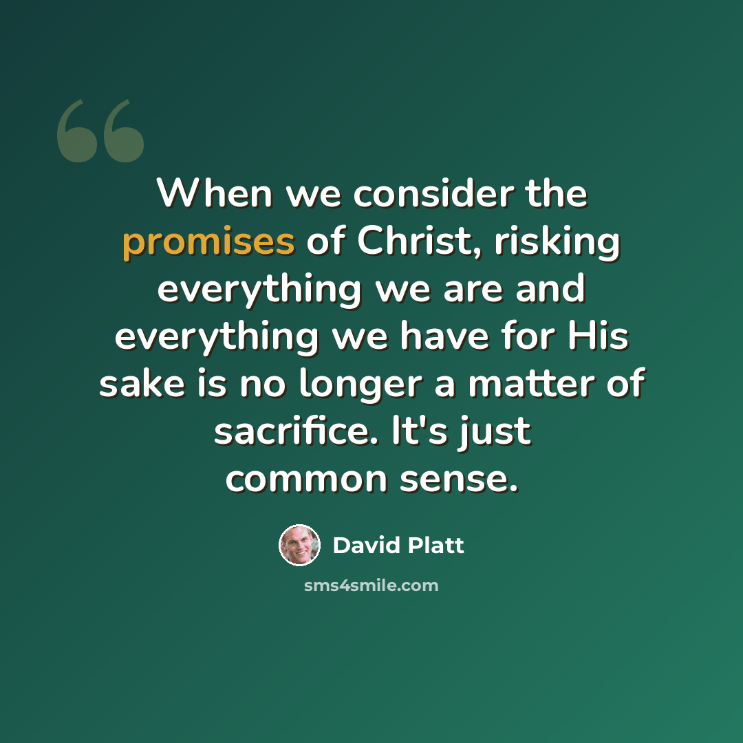 “When we consider the promises of Christ, risking everything we are and everything we have for His sake is no longer a matter of sacrifice. It's just common sense.” quote by David Platt