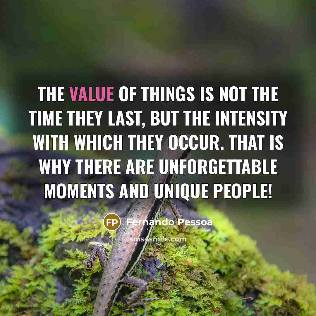 “The value of things is not the time they last, but the intensity with which they occur. That is why there are unforgettable moments and unique people!” quote by Fernando Pessoa