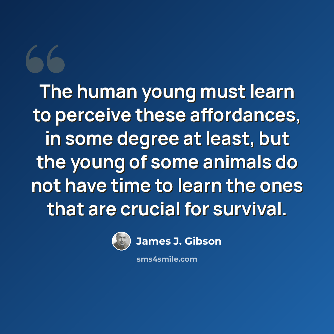 “The human young must learn to perceive these affordances, in some degree at least, but the young of some animals do not have time to learn the ones that are crucial for survival.” quote by James J. Gibson