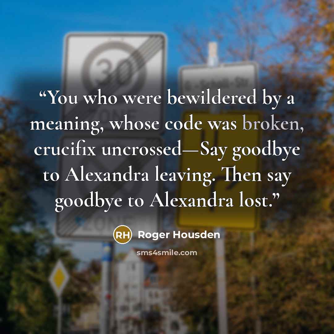 “You who were bewildered by a meaning, whose code was broken, crucifix uncrossed—Say goodbye to Alexandra leaving. Then say goodbye to Alexandra lost.” quote by Roger Housden