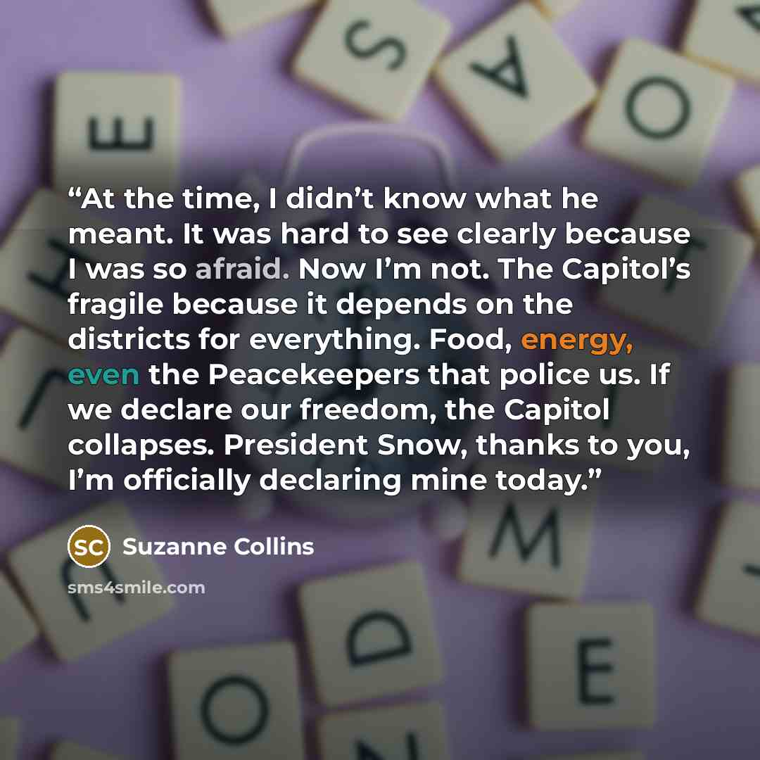 “At the time, I didn’t know what he meant. It was hard to see clearly because I was so afraid. Now I’m not. The Capitol’s fragile because it depends on the districts for everything. Food, energy, even the Peacekeepers that police us. If we declare our freedom, the Capitol collapses. President Snow…” quote by Suzanne Collins