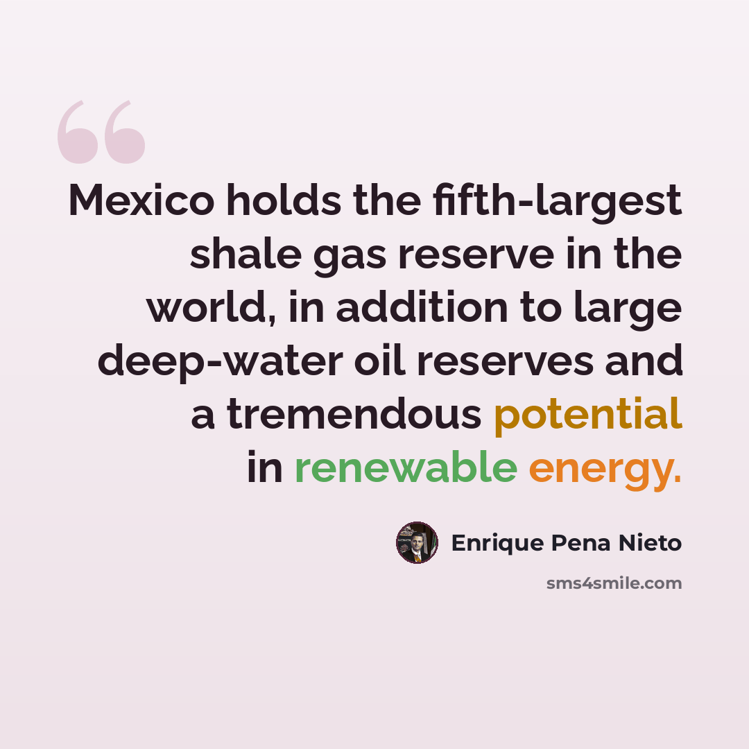 “Mexico holds the fifth-largest shale gas reserve in the world, in addition to large deep-water oil reserves and a tremendous potential in renewable energy.” quote by Enrique Pena Nieto