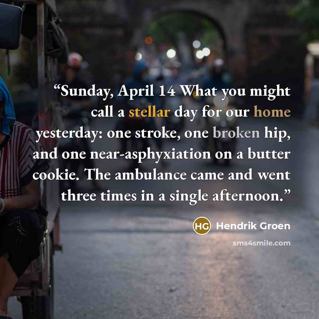 “Sunday, April 14 What you might call a stellar day for our home yesterday: one stroke, one broken hip, and one near-asphyxiation on a butter cookie. The ambulance came and went three times in a single afternoon.” quote by Hendrik Groen