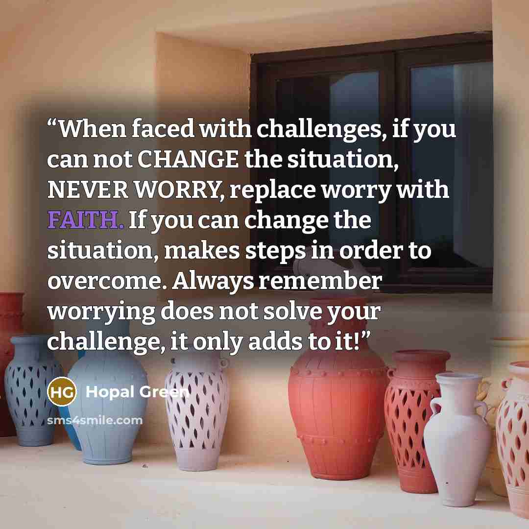 “When faced with challenges, if you can not CHANGE the situation, NEVER WORRY, replace worry with FAITH. If you can change the situation, makes steps in order to overcome. Always remember worrying does not solve your challenge, it only adds to it!” quote by Hopal Green