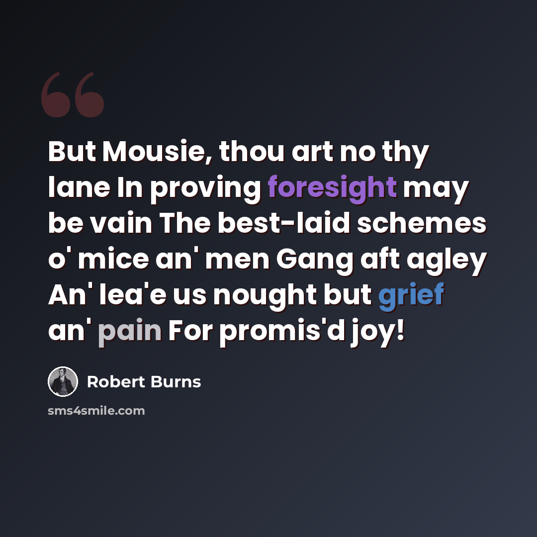 “But Mousie, thou art no thy lane In proving foresight may be vain The best-laid schemes o' mice an' men Gang aft agley An' lea'e us nought but grief an' pain For promis'd joy!” quote by Robert Burns