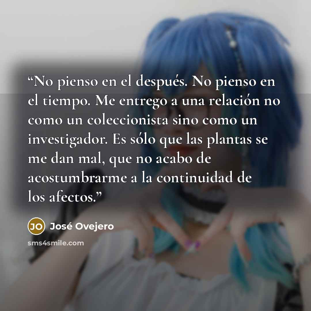 “No pienso en el después. No pienso en el tiempo. Me entrego a una relación no como un coleccionista sino como un investigador. Es sólo que las plantas se me dan mal, que no acabo de acostumbrarme a la continuidad de los afectos.” quote by José Ovejero