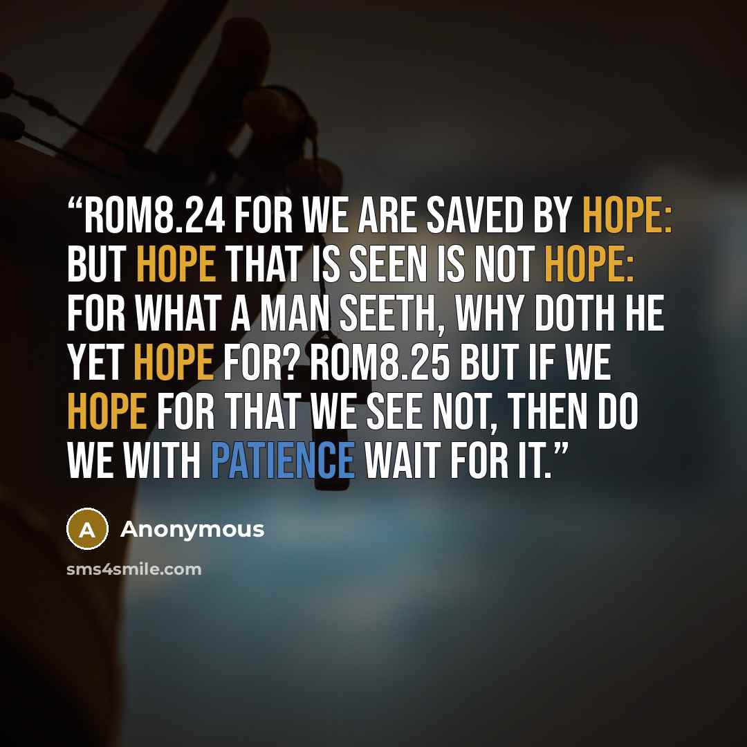 “ROM8.24 For we are saved by hope: but hope that is seen is not hope: for what a man seeth, why doth he yet hope for? ROM8.25 But if we hope for that we see not, then do we with patience wait for it.” quote by Anonymous