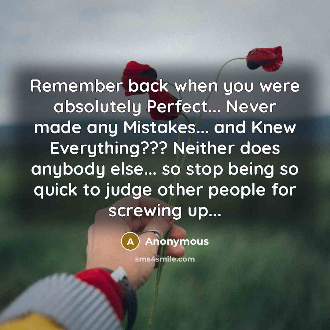“Remember back when you were absolutely Perfect... Never made any Mistakes... and Knew Everything??? Neither does anybody else... so stop being so quick to judge other people for screwing up...” quote by Anonymous