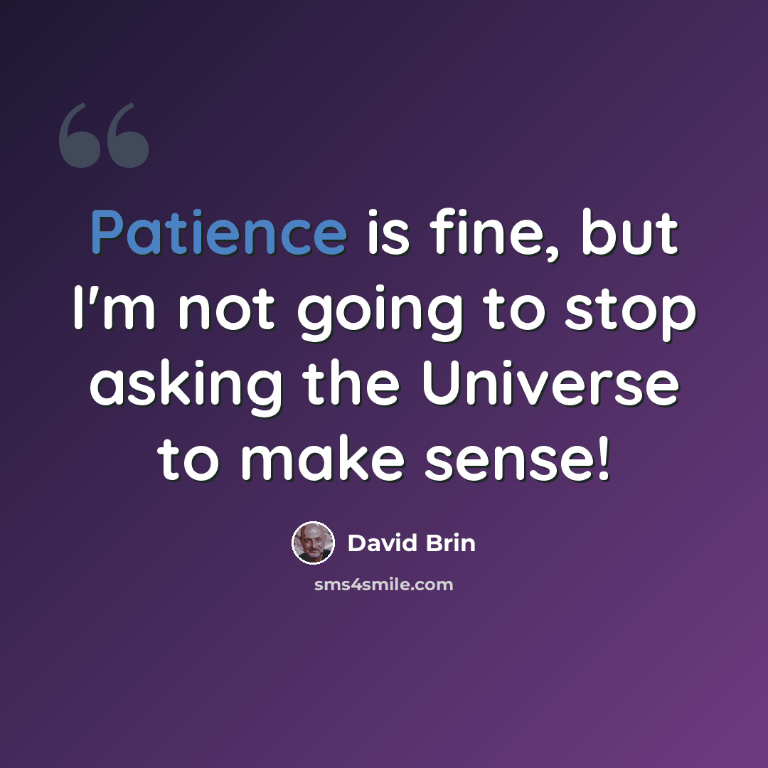 “Patience is fine, but I'm not going to stop asking the Universe to make sense!” quote by David Brin