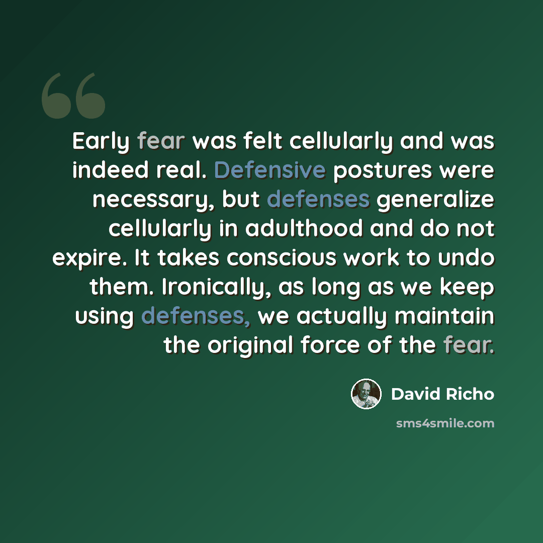 “Early fear was felt cellularly and was indeed real. Defensive postures were necessary, but defenses generalize cellularly in adulthood and do not expire. It takes conscious work to undo them. Ironically, as long as we keep using defenses, we actually maintain the original force of the fear.” quote by David Richo