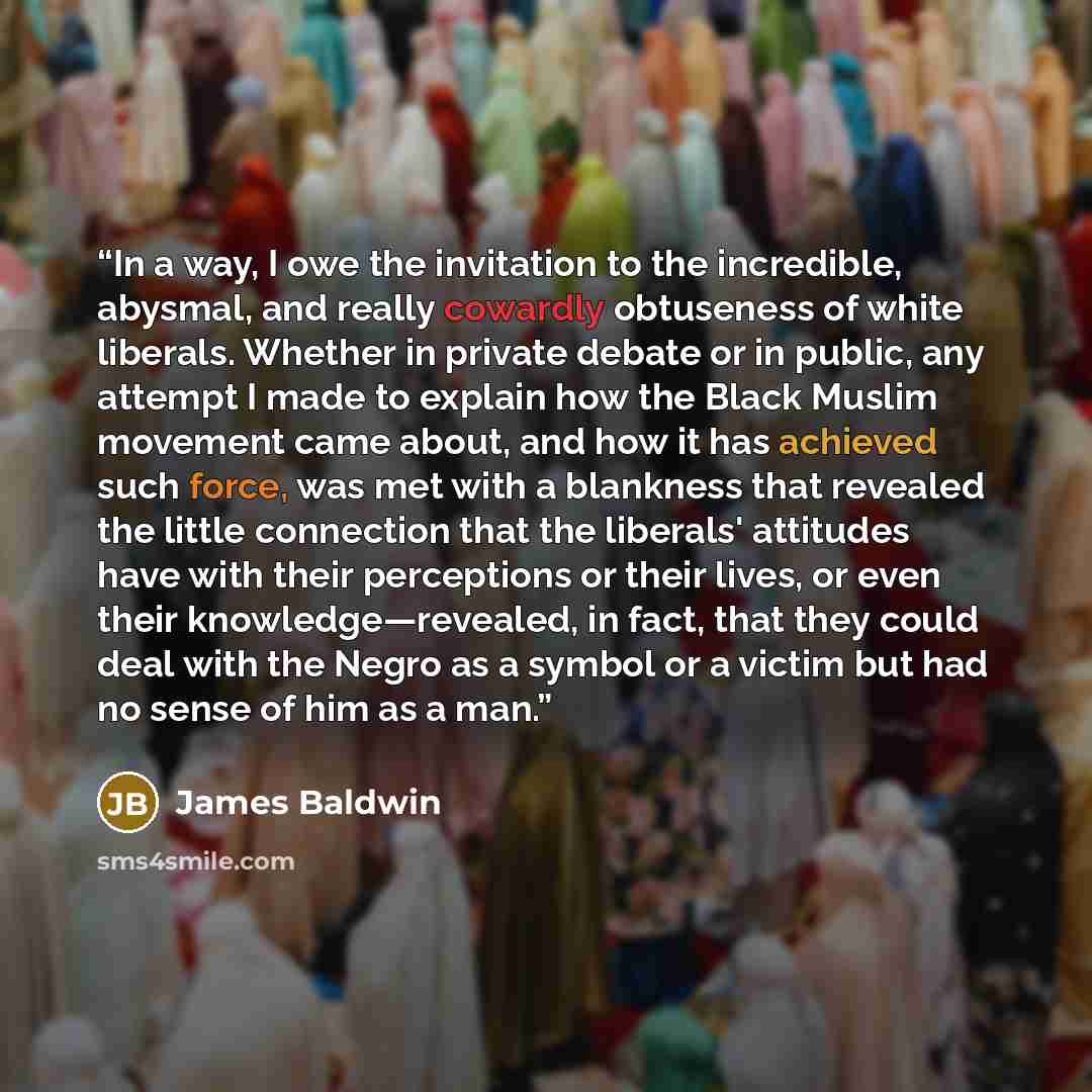 “In a way, I owe the invitation to the incredible, abysmal, and really cowardly obtuseness of white liberals. Whether in private debate or in public, any attempt I made to explain how the Black Muslim movement came about, and how it has achieved such force, was met with a blankness that revealed…” quote by James Baldwin