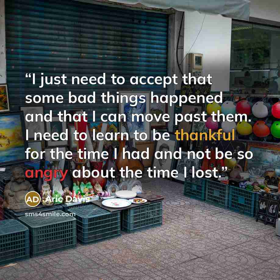 “I just need to accept that some bad things happened and that I can move past them. I need to learn to be thankful for the time I had and not be so angry about the time I lost.” quote by Aric Davis