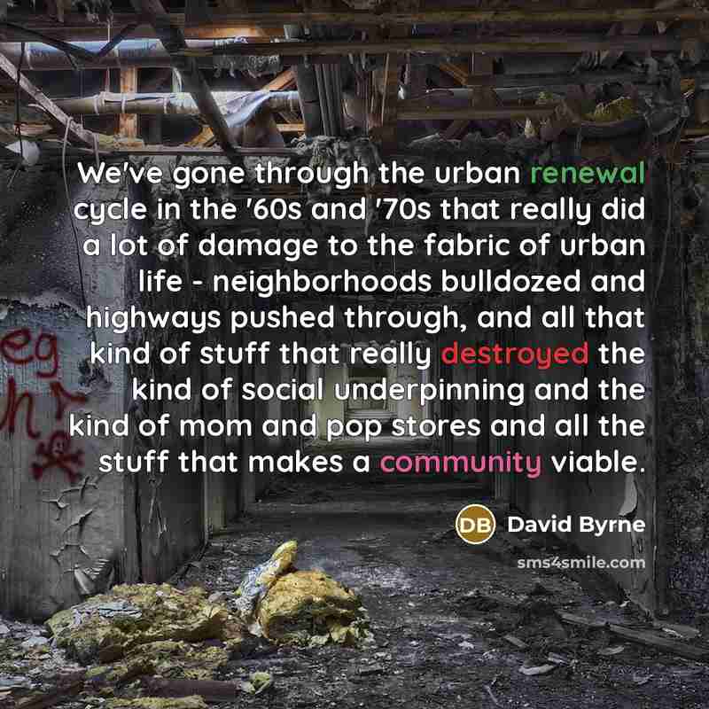 “We've gone through the urban renewal cycle in the '60s and '70s that really did a lot of damage to the fabric of urban life - neighborhoods bulldozed and highways pushed through, and all that kind of stuff that really destroyed the kind of social underpinning and the kind of mom and pop stores and…” quote by David Byrne