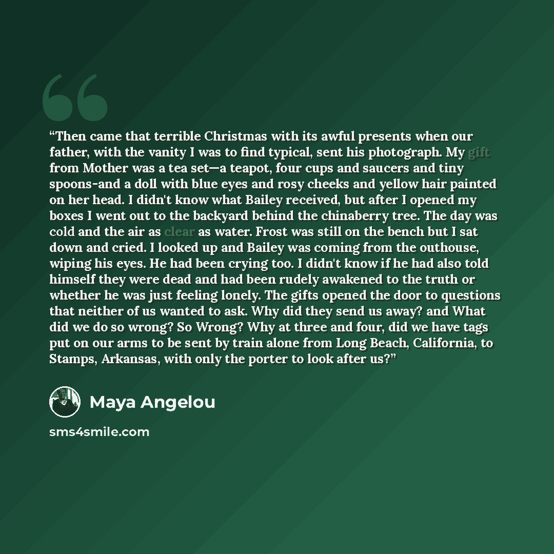 “Then came that terrible Christmas with its awful presents when our father, with the vanity I was to find typical, sent his photograph. My gift from Mother was a tea set—a teapot, four cups and saucers and tiny spoons-and a doll with blue eyes and rosy cheeks and yellow hair painted on her head. I…” quote by Maya Angelou