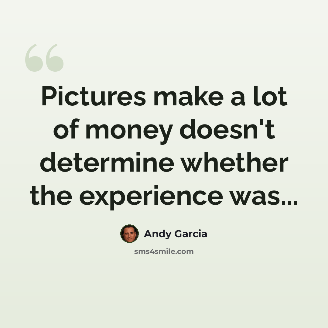 “Pictures make a lot of money doesn't determine whether the experience was...” quote by Andy Garcia