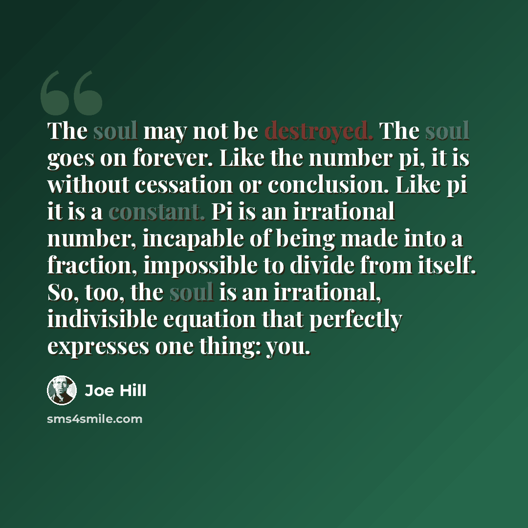 “The soul may not be destroyed. The soul goes on forever. Like the number pi, it is without cessation or conclusion. Like pi it is a constant. Pi is an irrational number, incapable of being made into a fraction, impossible to divide from itself. So, too, the soul is an irrational, indivisible…” quote by Joe Hill