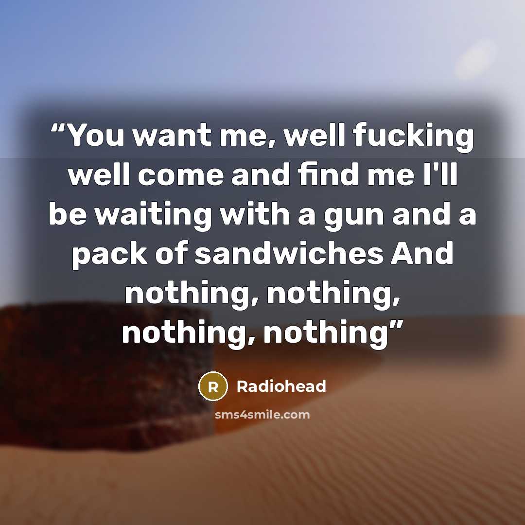 “You want me, well fucking well come and find me I'll be waiting with a gun and a pack of sandwiches And nothing, nothing, nothing, nothing” quote by Radiohead