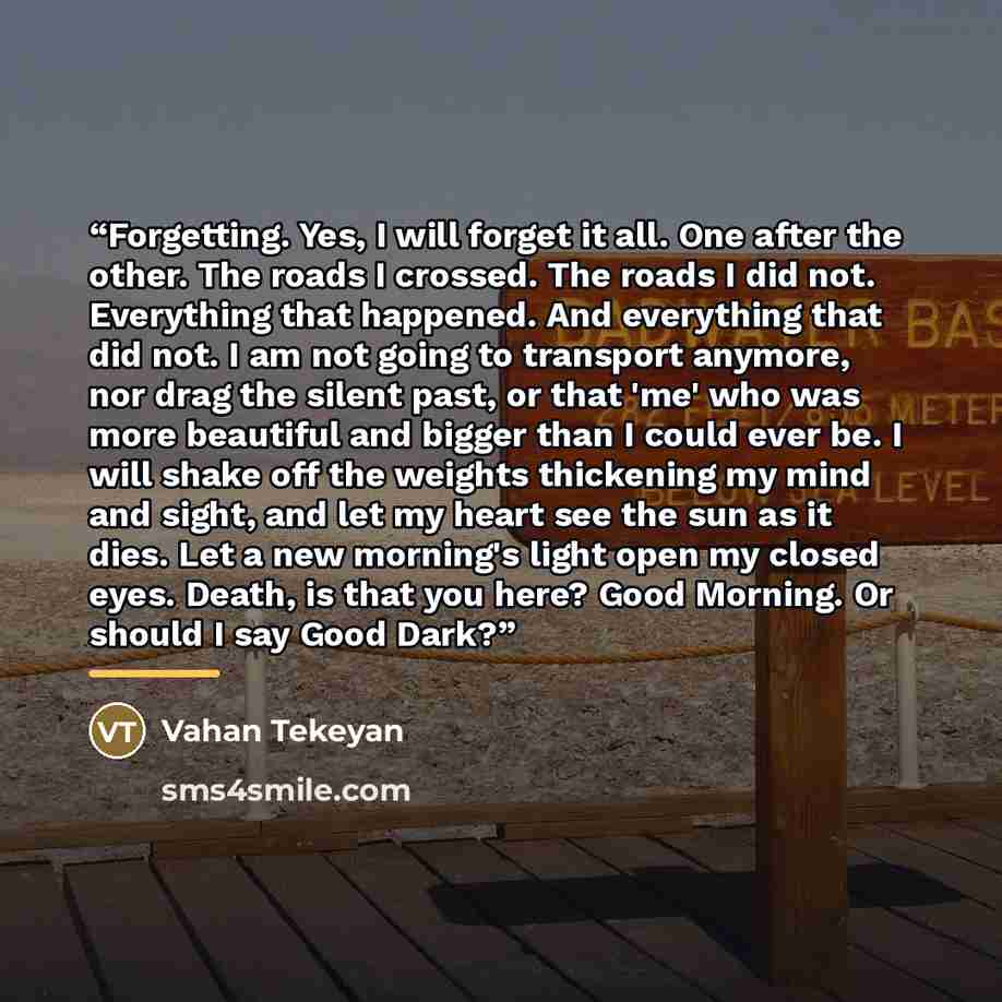 “Forgetting. Yes, I will forget it all. One after the other. The roads I crossed. The roads I did not. Everything that happened. And everything that did not. I am not going to transport anymore, nor drag the silent past, or that 'me' who was more beautiful and bigger than I could ever be. I will…” quote by Vahan Tekeyan