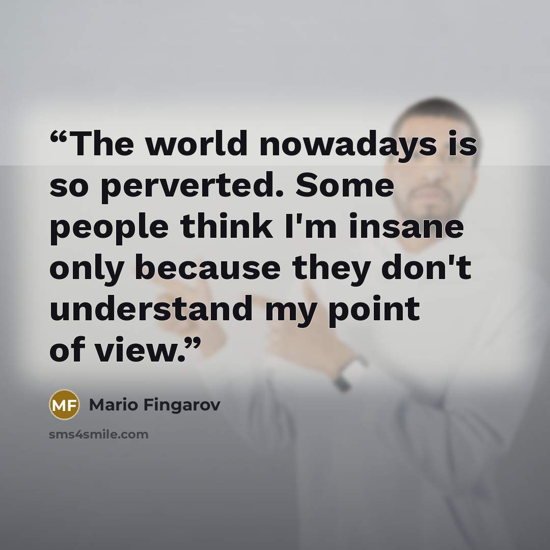 “The world nowadays is so perverted. Some people think I'm insane only because they don't understand my point of view.” quote by Mario Fingarov