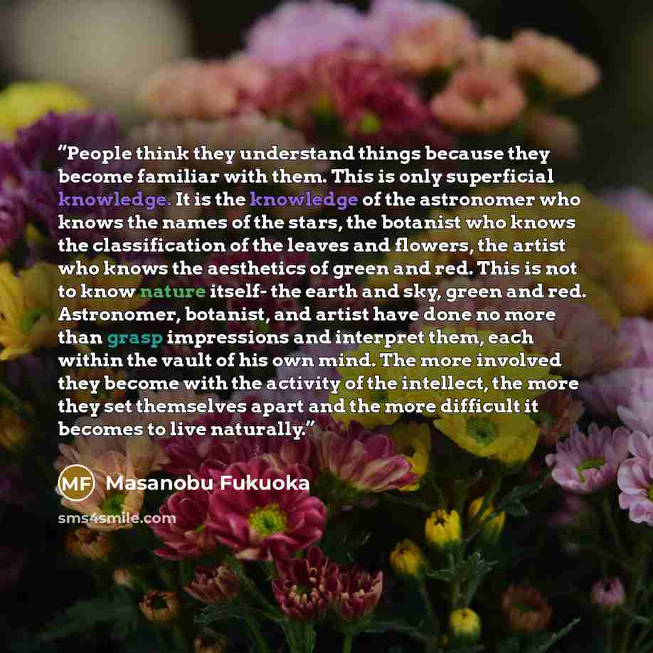 “People think they understand things because they become familiar with them. This is only superficial knowledge. It is the knowledge of the astronomer who knows the names of the stars, the botanist who knows the classification of the leaves and flowers, the artist who knows the aesthetics of green…” quote by Masanobu Fukuoka