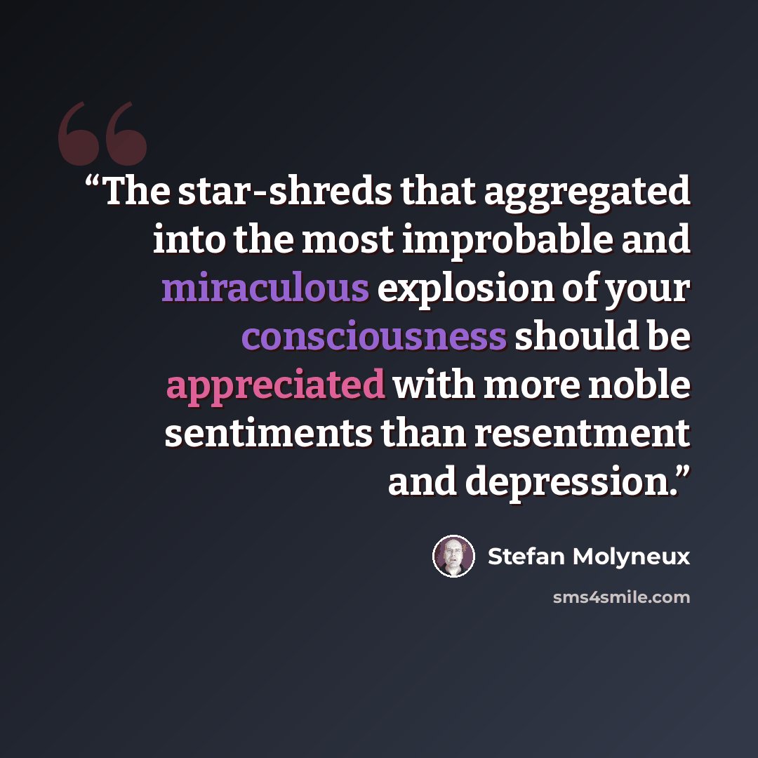 “The star-shreds that aggregated into the most improbable and miraculous explosion of your consciousness should be appreciated with more noble sentiments than resentment and depression.” quote by Stefan Molyneux