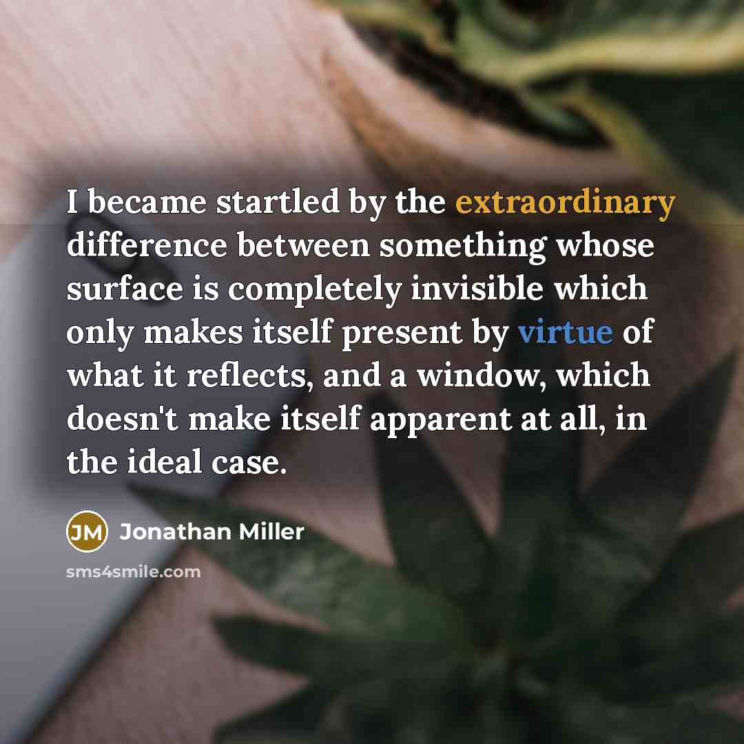 “I became startled by the extraordinary difference between something whose surface is completely invisible which only makes itself present by virtue of what it reflects, and a window, which doesn't make itself apparent at all, in the ideal case.” quote by Jonathan Miller