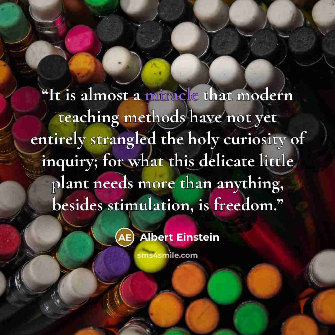 “It is almost a miracle that modern teaching methods have not yet entirely strangled the holy curiosity of inquiry; for what this delicate little plant needs more than anything, besides stimulation, is freedom.” quote by Albert Einstein