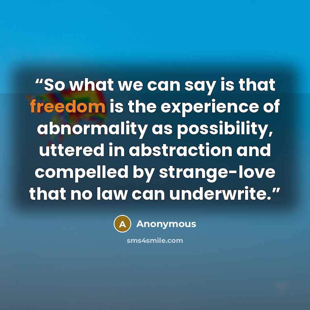 “So what we can say is that freedom is the experience of abnormality as possibility, uttered in abstraction and compelled by strange-love that no law can underwrite.” quote by Anonymous