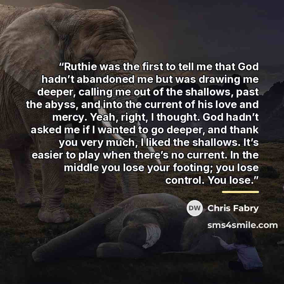 “Ruthie was the first to tell me that God hadn’t abandoned me but was drawing me deeper, calling me out of the shallows, past the abyss, and into the current of his love and mercy. Yeah, right, I thought. God hadn’t asked me if I wanted to go deeper, and thank you very much, I liked the shallows…” quote by Chris Fabry