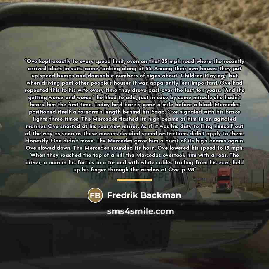 “Ove kept exactly to every speed limit, even on that 35 mph road where the recently arrived idiots in suits came tanking along at 55. Among their own houses they put up speed bumps and damnable numbers of signs about “Children Playing,” but when driving past other people’s houses it was apparently…” quote by Fredrik Backman