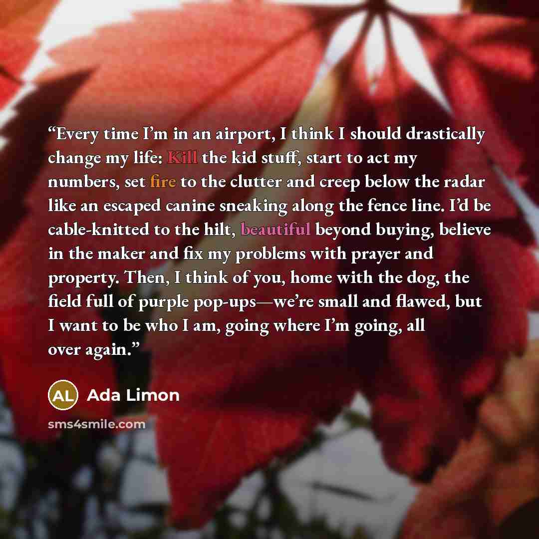 “Every time I’m in an airport, I think I should drastically change my life: Kill the kid stuff, start to act my numbers, set fire to the clutter and creep below the radar like an escaped canine sneaking along the fence line. I’d be cable-knitted to the hilt, beautiful beyond buying, believe in the…” quote by Ada Limon